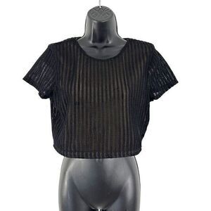Privacy Please Knit Scoop Neck Sheer Overlay Short Sleeve Crop Top Black‎ Medium